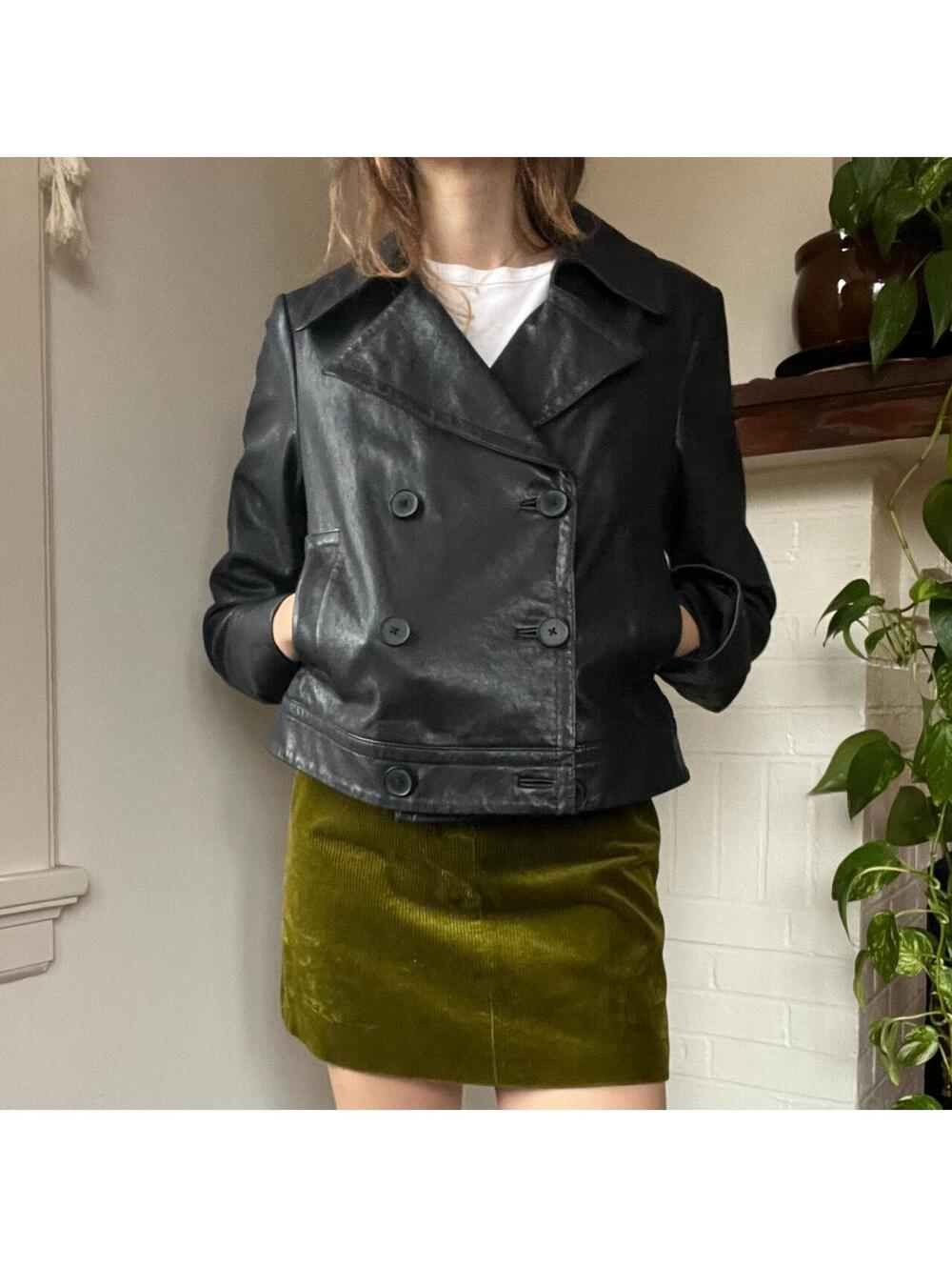 Vintage black DKNY women's double-breasted real leather jacket